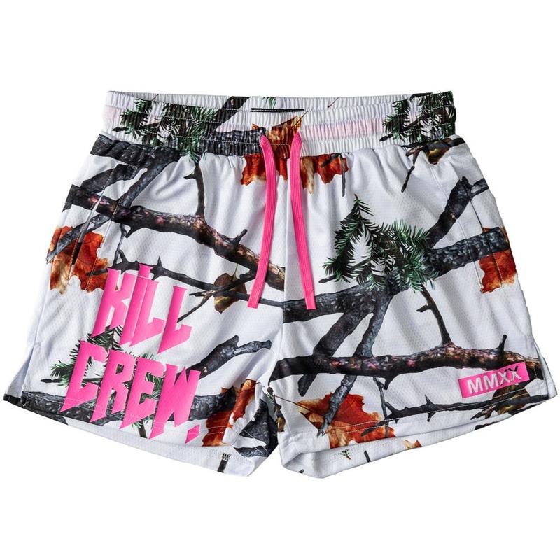 Kill Crew Muay Thai Shorts - White Camo, Unisex, Mid Thigh Cut, Pockets, Gym Shorts, Elastic Waistband, Long drawcord with wax tips