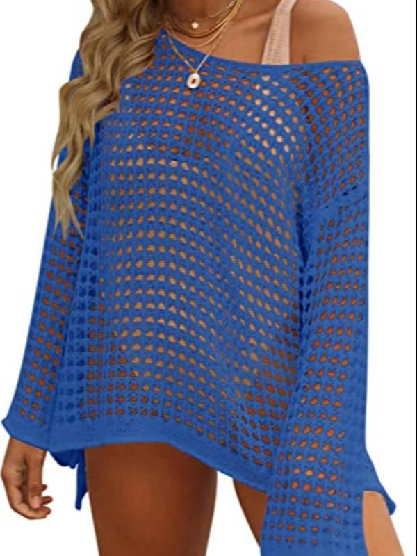 Women's Solid Crochet Hollow Out Side Split One Shoulder Cover Up, Fashion Casual Drop Shoulder Long Sleeve Top for Women Beach Holiday Vacation, Summer Outfits 2024 , Swimsuits 2024 Women, Women's Summer Back To School Clothing