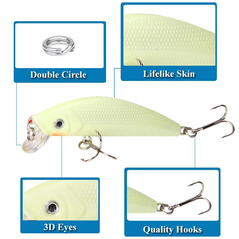 Luminous Fishing Lure, 5pcs Floating Fishing Bait with Hook, Artificial Hard Bait, Outdoor Fishing Accessories, Flyfishing, Solocamping, picnicaesthetic