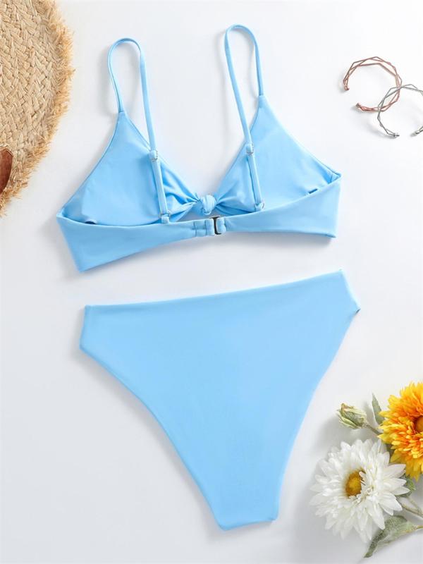 Two-piece Set Women's Solid Twist Triangle Bra & High Waist Panty 2024 Summer Bikini Set, Casual Two-piece Swimsuit for Beach Holiday, Women's Summer Swimsuit