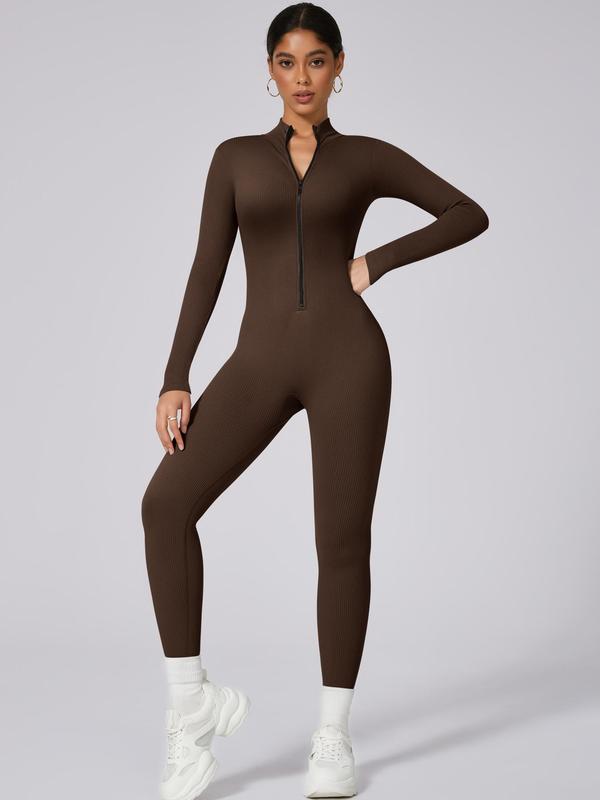 Women's Solid Zip Up Sports Jumpsuit, Casual Comfy Breathable Long Sleeve Bodycon Jumpsuit for Yoga Gym Workout, Ladies Sportswear for Fall & Winter