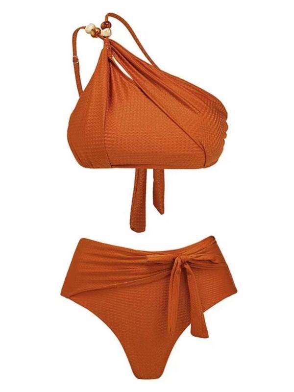 3 Pieces Set Wrap Swimsuits Set 2024 Women, Casual One Shoulder Bikini Top & Solid Swim Bottom & Leaf Print Cover Up Skirt Set, Women Summer Bathing Suits 2024