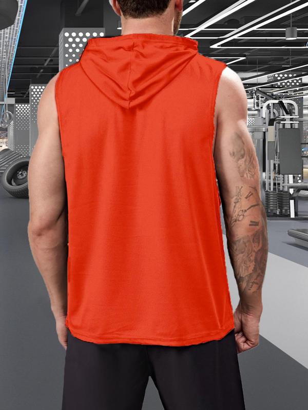 Men's Graphic Drawstring Hooded Sports Tank Top, Regular Fit Sleeveless Sweat Activated Sports Top, Summer Outfits 2024, Men's Sportswear Clothing