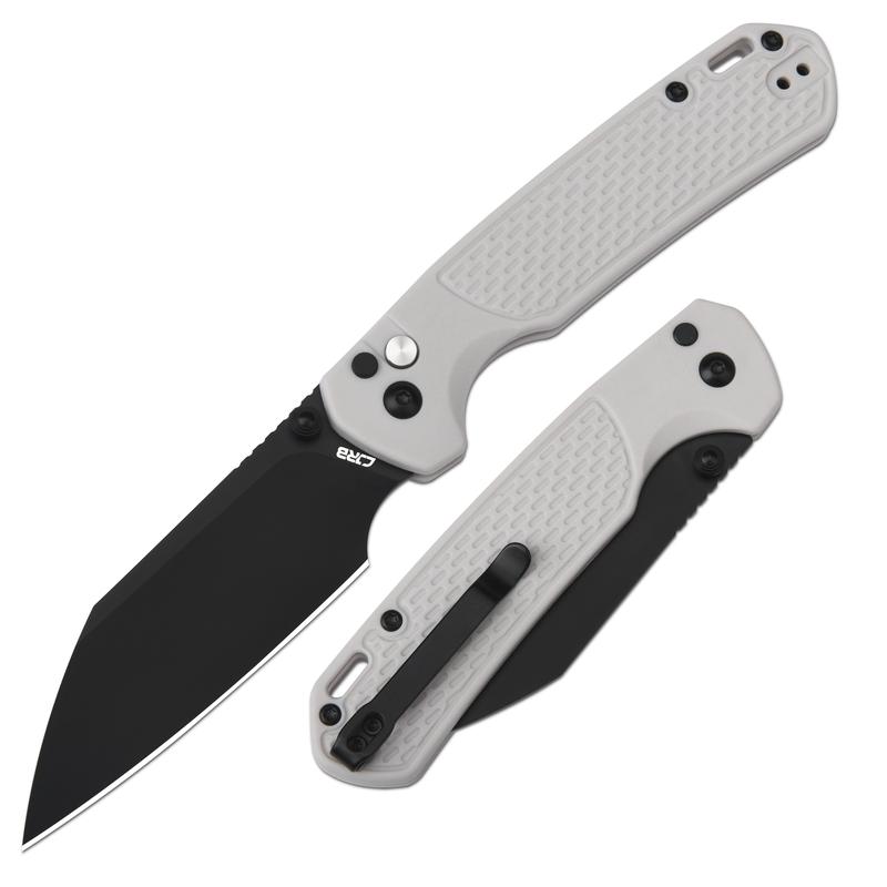 CJRB Large Pyrite-Light Knives Black PVD Coating AR-RPM9 Steel Blade Light Grey FRN Handle, J1945L