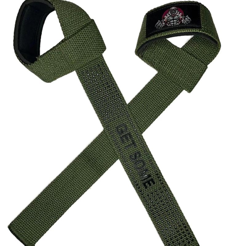 IRON CLASP Premium Padded and Silicone Gripping “GET SOME” Lifting Straps (Olive Green)