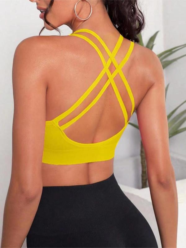 Women's Criss Cross Backless Wireless Sports Bra, Solid Color Double Spaghetti Strap Sports Bra, Cute Gym Clothes for Back To School, Breathable Comfortable Sports Bra for Yoga Gym Workout, Fall Outfits, Fallfreshness