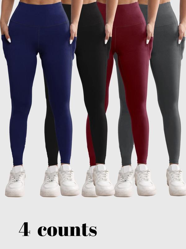 Women's Solid High Waist Pocket Sports Leggings, Casual Comfy Breathable Skinny Pants for Yoga Gym Workout Running, Ladies Sportswear for All Seasons, Tummy Control