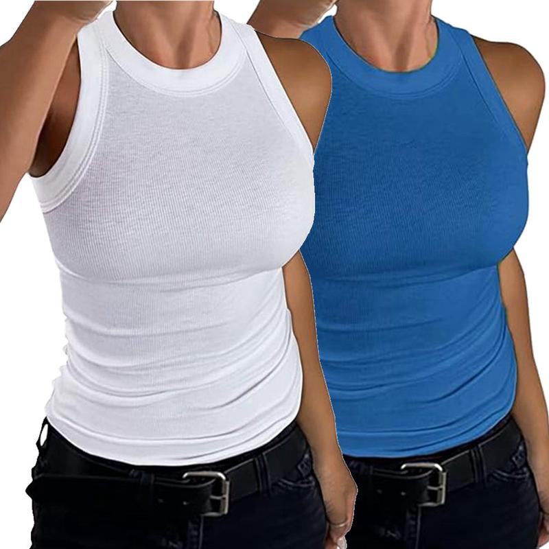 2Pack Womens Ladies Ribbed Thick Strap Racerback Tight Slim Fitted Sporty Workout Tank Tops