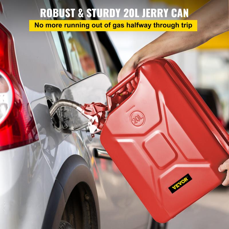 VEVOR Jerry Fuel Can, 5.3 Gallon   20 L Portable Jerry Gas Can with Flexible Spout System, Rustproof ＆ Heat-resistant Steel Fuel Tank for Cars Trucks Equipment, Red， Authentic NATO Jerry Can and Spout System