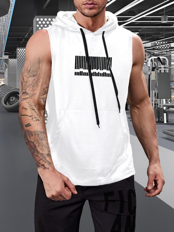 Men's Graphic Drawstring Hooded Sports Tank Top, Regular Fit Sleeveless Sweat Activated Sports Top, Summer Outfits 2024, Men's Sportswear Clothing