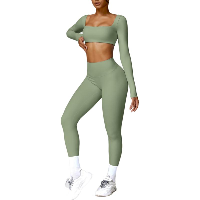 Kabuer Women's Workout Set - Twist Front Long Sleeve Crop Top and High Waist Flared Leggings