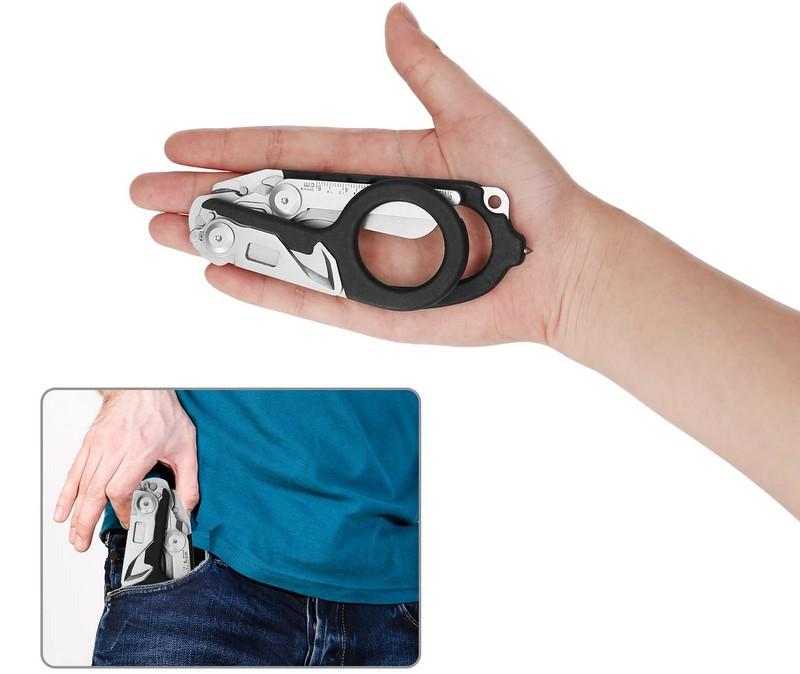 Durable stainless steel scissors with a glow-in-the-dark handle. Includes a ring cutter, window breaker, and oxygen wrench for emergencies.