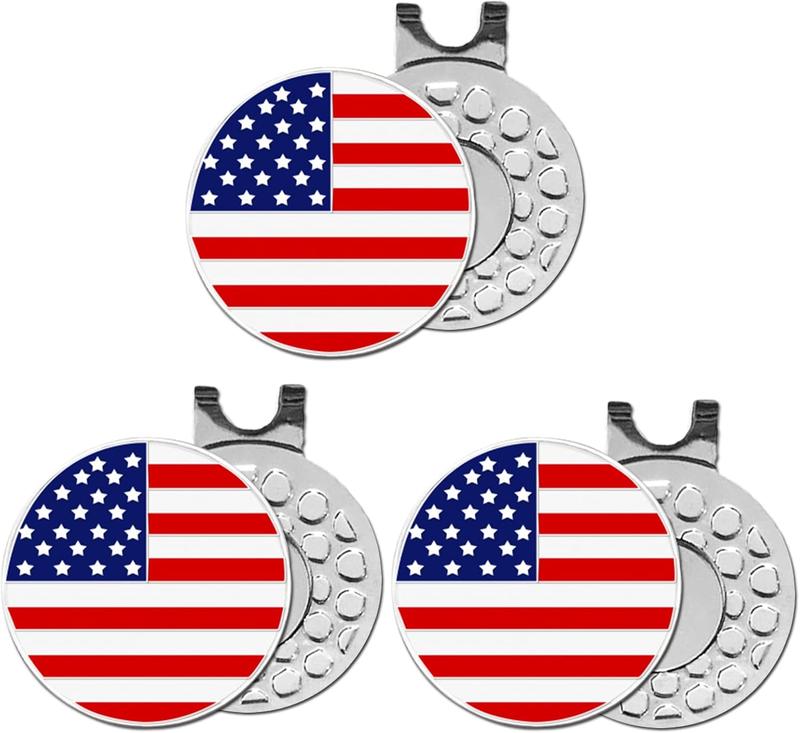 3 Pack Golf Ball Marker Hat Clip Magnetic Hat Clips USA Flag Patterns Durable Removable Ball Markers Attaches Easily to Cap Gifts for Men Women Golfer