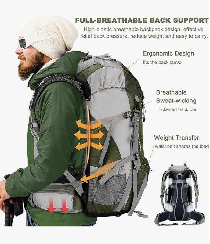 Loowoko 50L Hiking Backpack with Rain Cover - Lightweight & Waterproof Camping Essentials Bag for All