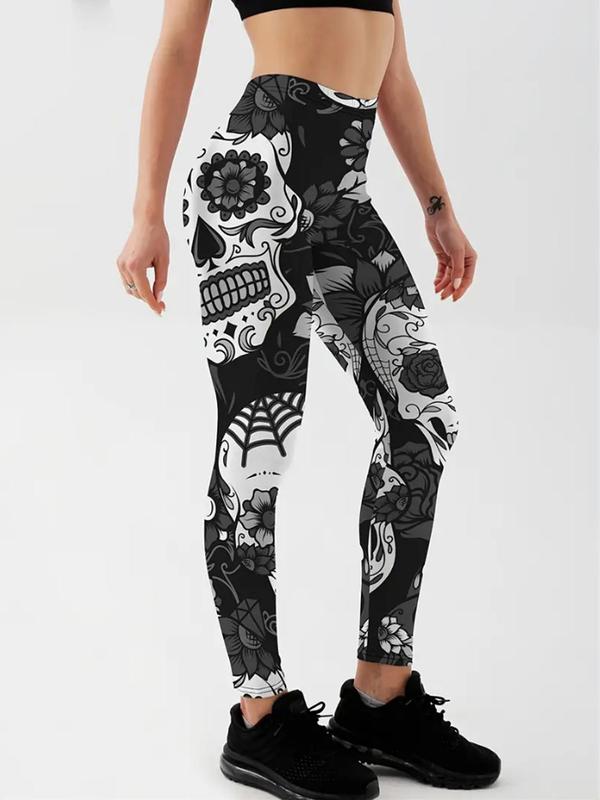 Women's Skull & Floral Print High Waist Sports Tummy Control Leggings, Graphic Skinny Pants, High Stretch Seamless Yoga Legging, Ladies Sportswear Clothing for Indoor Outdoor Wear