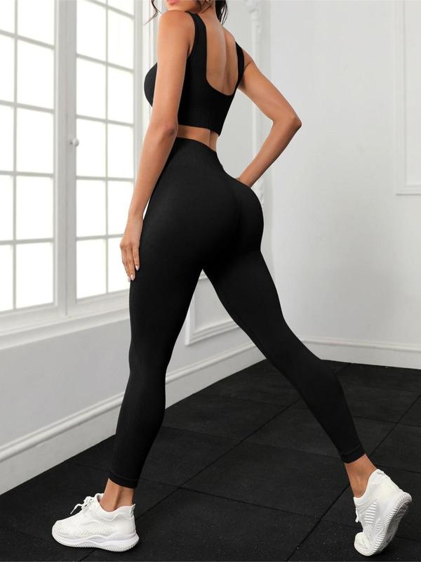 Two-Piece Set Women's Solid Ribbed Crop Tank Top & High Waist Leggings Tracksuit Set, Summer Clothes Women, Sleeveless Round Neck Top & Skinny Pants, Workout Gym Yoga Exercise Clothing Set for Women