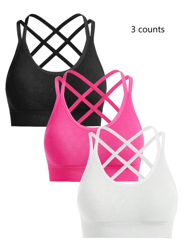 Women's Criss Cross Backless Wireless Sports Bra, Solid Color Double Spaghetti Strap Sports Bra, Cute Gym Clothes for Back To School, Breathable Comfortable Sports Bra for Yoga Gym Workout, Fall Outfits, Fallfreshness