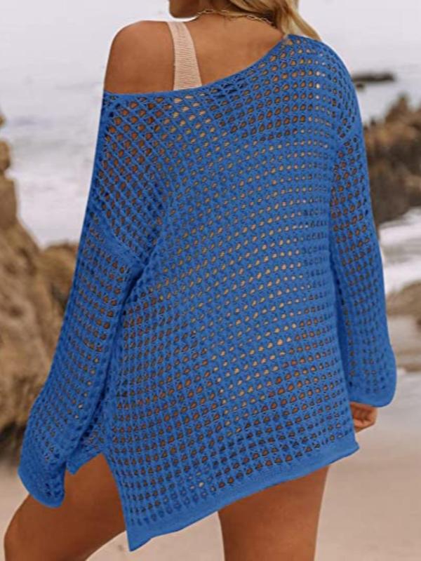 Women's Solid Crochet Hollow Out Side Split One Shoulder Cover Up, Fashion Casual Drop Shoulder Long Sleeve Top for Women Beach Holiday Vacation, Summer Outfits 2024 , Swimsuits 2024 Women, Women's Summer Back To School Clothing