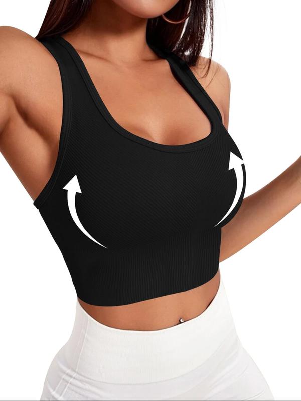 Women's Solid Wireless U Neck Ribbed Sports Bra, Breathable Comfortable Sports Bra, Ladies Sportswear for Indoor Outdoor Wear