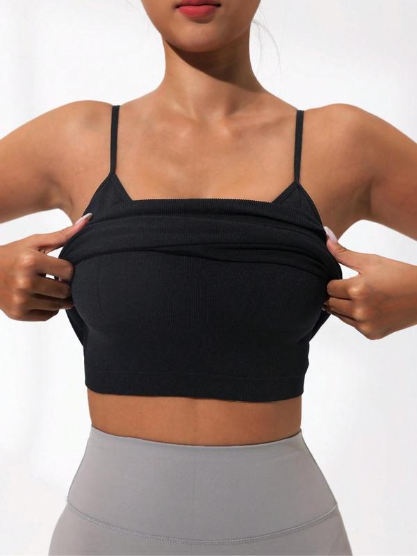 Women's Solid Adjustable Strap Buid-in Bra Design Cami Top, Solid Seamless High Stretch Yoga Sport Vest, Ladies Sportswear Clothing for Indoor Outdoor Wear