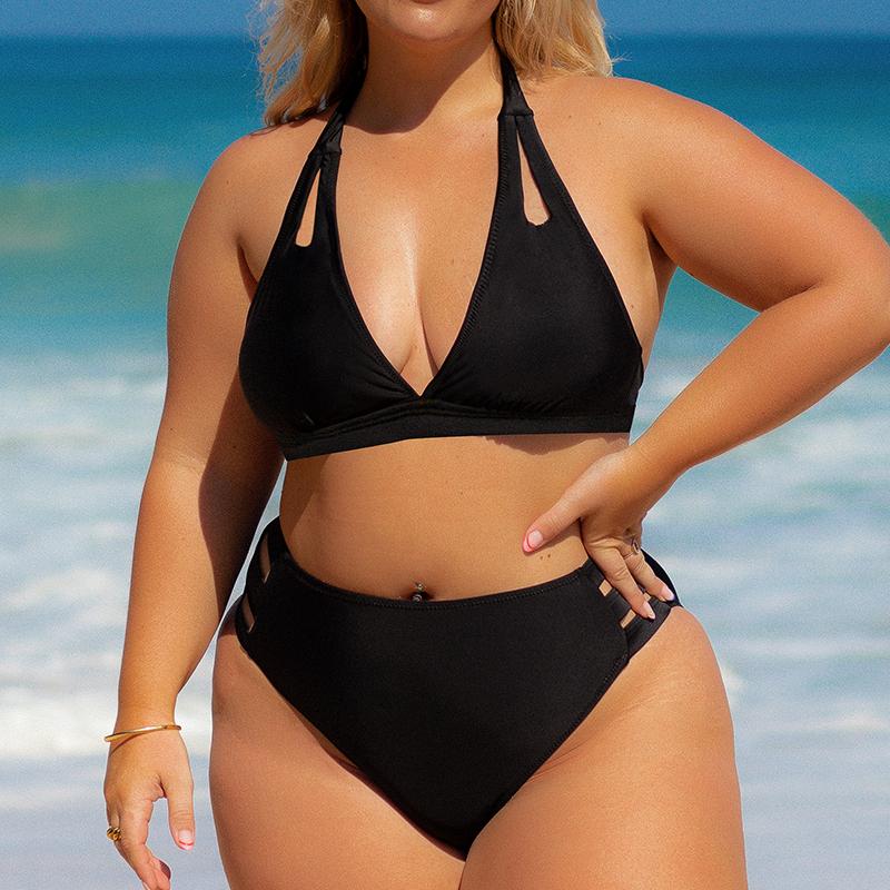 Popvil Black Monochrome Cut Out High Waisted Halter Bikini Set with Removable Paddings