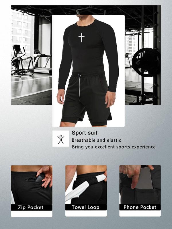 Two-piece Set Men's Cross Print Long Sleeve Tee & 2 in 1 Pocket Elastic Waist Shorts Tracksuit Set, Sporty Round Neck Top & Drawstring Shorts, Men's Sportswear for Indoor Outdoor Wear