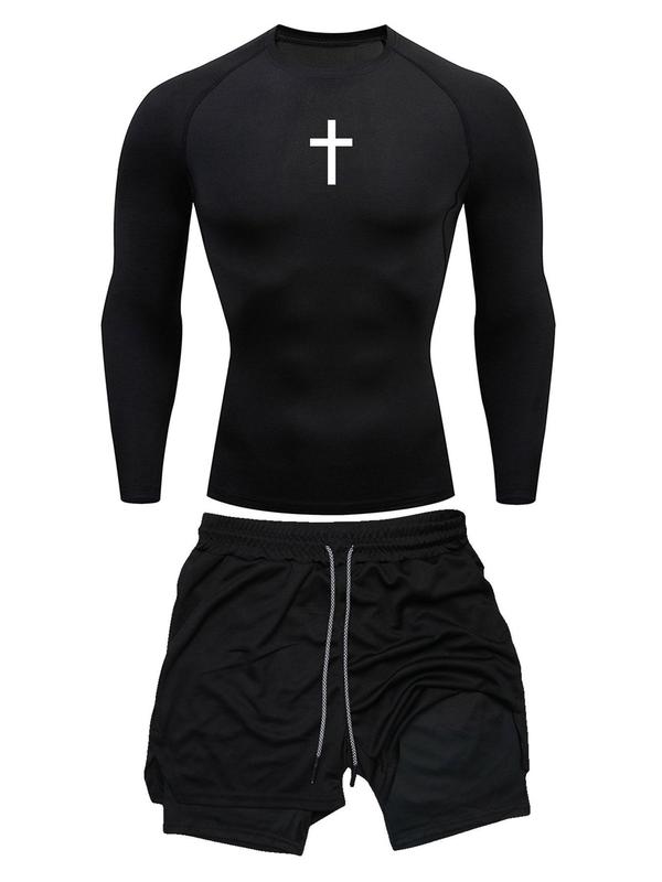 Two-piece Set Men's Cross Print Long Sleeve Tee & 2 in 1 Pocket Elastic Waist Shorts Tracksuit Set, Sporty Round Neck Top & Drawstring Shorts, Men's Sportswear for Indoor Outdoor Wear