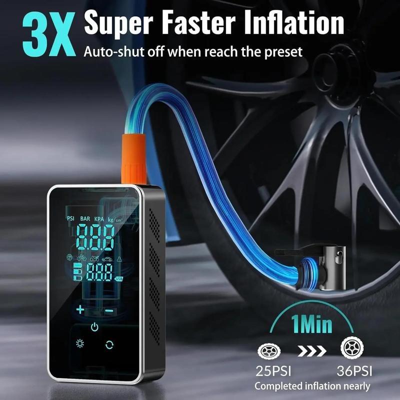 Portable Air Compressor, 150 PSI Car Tire Inflator with Touch Screen Display & Lighting, Wireless Design Air Pump for Car, Motorcycle, Bicycle & Ball