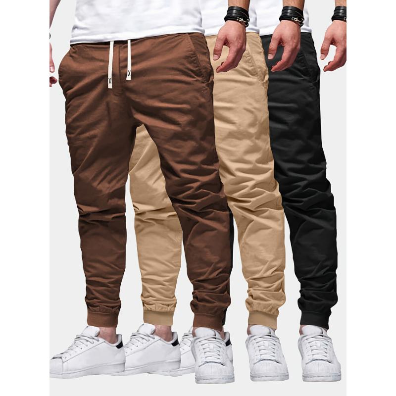 3pcs Solid Color Men's Regular Fit Jogger Sweatpants With Drawstring And Pockets, Chic And Trendy Trousers For Spring And Autumn Outdoors And Sports Wear