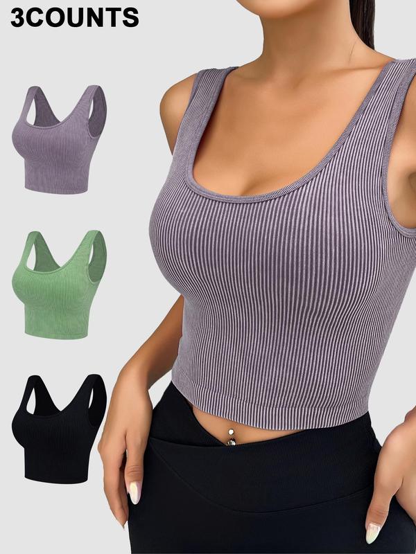 Women's Solid Scoop Neck Ribbed Sports Vest, Casual Comfy Breathable Quick Drying Sleeveless Crop Tank Tops for Yoga Gym Workout, Running Vest, Ladies Sportswear Clothing