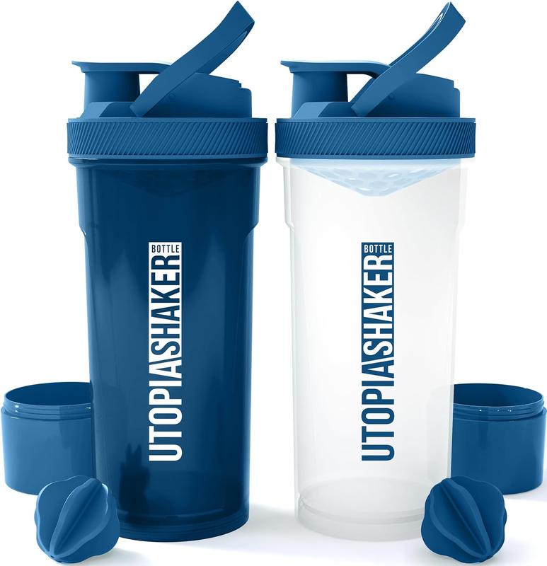 2 Pack - 24 Ounce Plastic Protein or Cocktail Shaker Bottle for Pre & Post workout with Twist & Lock Protein Box Storage (All Navy & Clear Navy)