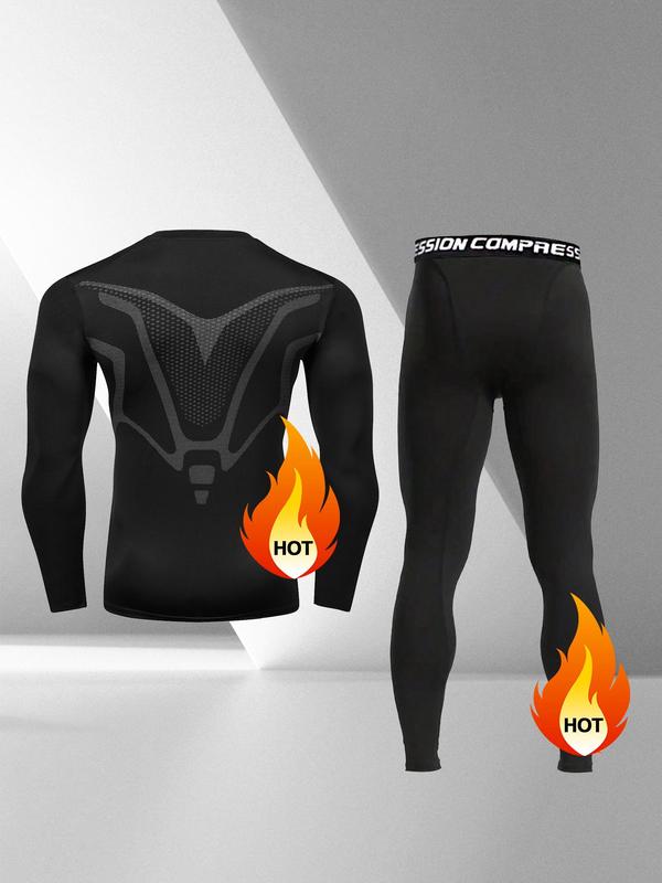 Sporty Men's All Over Print Long Sleeve Compression Tee & Letter Tape Leggings Thermal Lined Underwear Set, Tight High Stretch Round Neck Sports Top & Skinny Pants, Men's Sports Underwear for Daily Wear