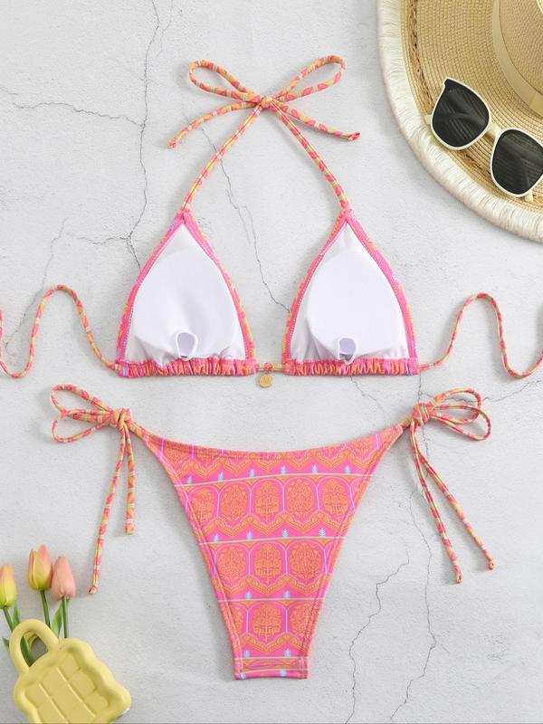 Two-piece Set Women's Ethnic Pattern Bikini Set, Back To School Boho Halter Triangle Swim Bra & Tie Side Swim Bottom, Ladies Summer Swimwear for Beach Holiday Vacation, Bathing Suits for Women, Swimsuit for Women, Bikini Sets, Summer Outfits 2024