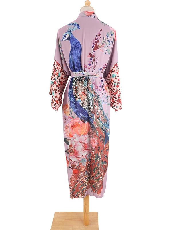 Plus Size Floral & Peacock Print Belted Wrap Kimono, Casual Split Side Drop Shoulder Outerwear, Women's Swimwear for Summer Beach Holiday Vacation