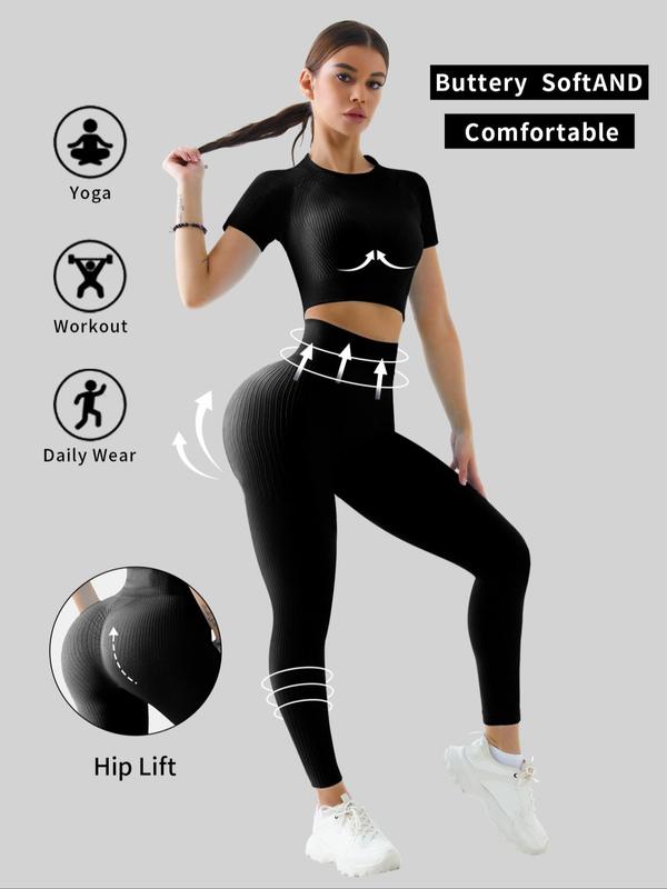 Women's Solid Short Sleeve Tracksuit Set, Sporty Raglan Sleeve Crop Top & High Waist Leggings, Sports Workout Set, Summer Clothes Women, Two-piece Outfits for Yoga Gym