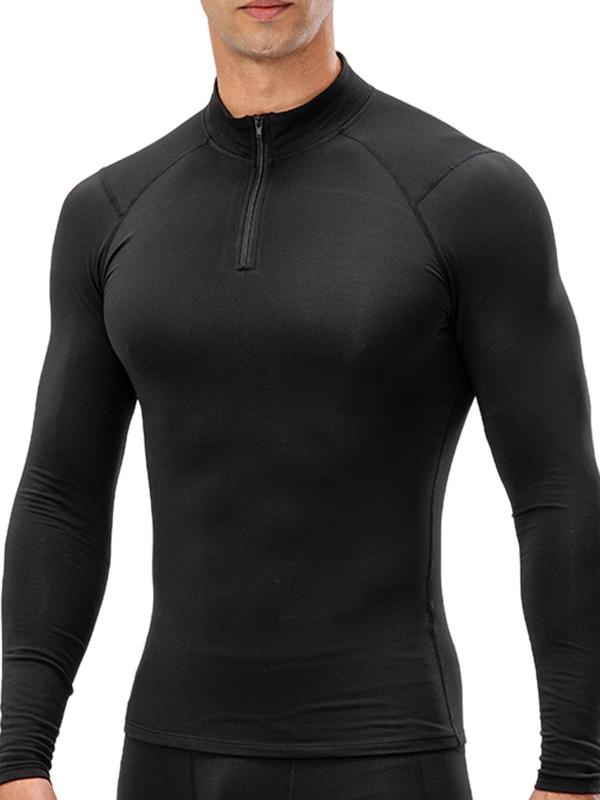 Men's Solid Color Zip Up Thermal Lined Sports Tee, Casual Comfy Breathable Long Sleeve Stand Collar T-shirt for Fall & Winter, Men's Sportswear for Outdoor Activities