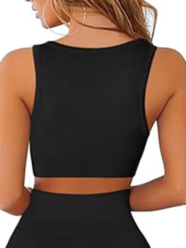 Sporty Women's Solid Color Removable Chest Pad Sports Crop Singlet, Breathable Notched Neck Sleeveless Tank Top for Yoga Gym Workout, Ladies Sportswear for Summer