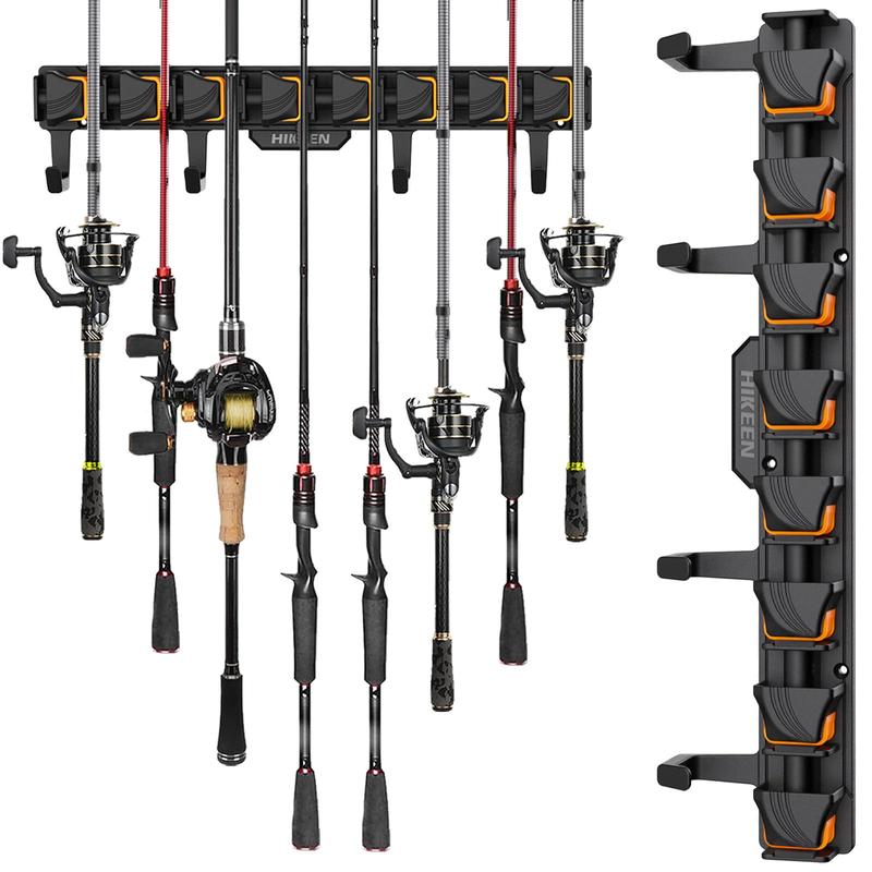 Hikeen Wall-Mounted Fishing Rod Holder Rack, Holds Up to 8 Rods or Combos, Includes 4 Hooks, Fits Rods with Diameter 3-24mm