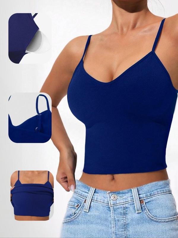 Women's Solid Adjustable Strap Buid-in Bra Design Cami Top, Solid Seamless High Stretch Yoga Sport Vest, Ladies Sportswear Clothing for Indoor Outdoor Wear