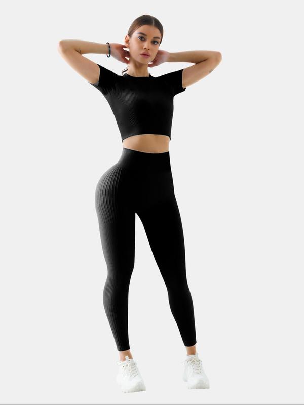 Women's Solid Short Sleeve Tracksuit Set, Sporty Raglan Sleeve Crop Top & High Waist Leggings, Sports Workout Set, Summer Clothes Women, Two-piece Outfits for Yoga Gym