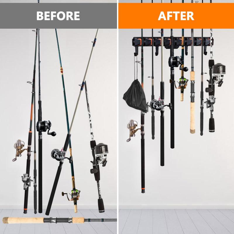 Hikeen Wall-Mounted Fishing Rod Holder Rack, Holds Up to 8 Rods or Combos, Includes 4 Hooks, Fits Rods with Diameter 3-24mm