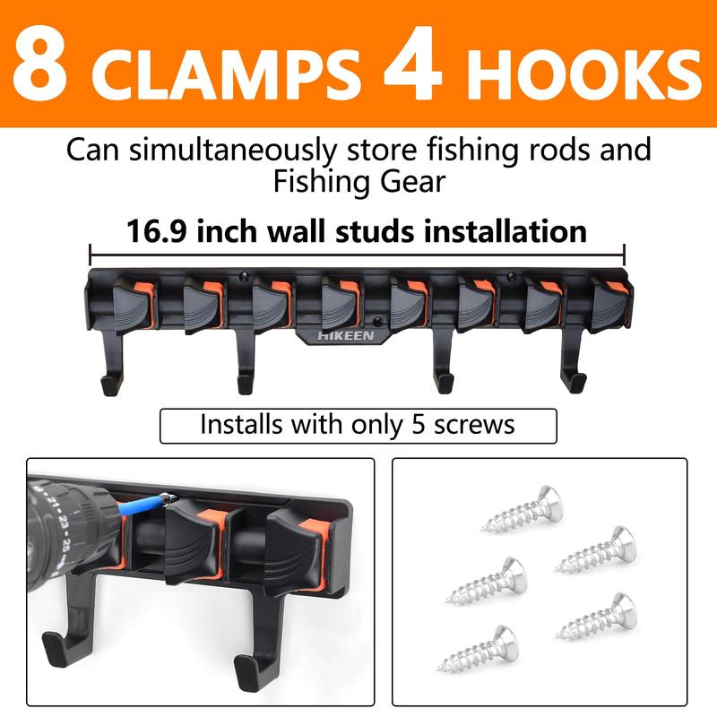 Hikeen Wall-Mounted Fishing Rod Holder Rack, Holds Up to 8 Rods or Combos, Includes 4 Hooks, Fits Rods with Diameter 3-24mm