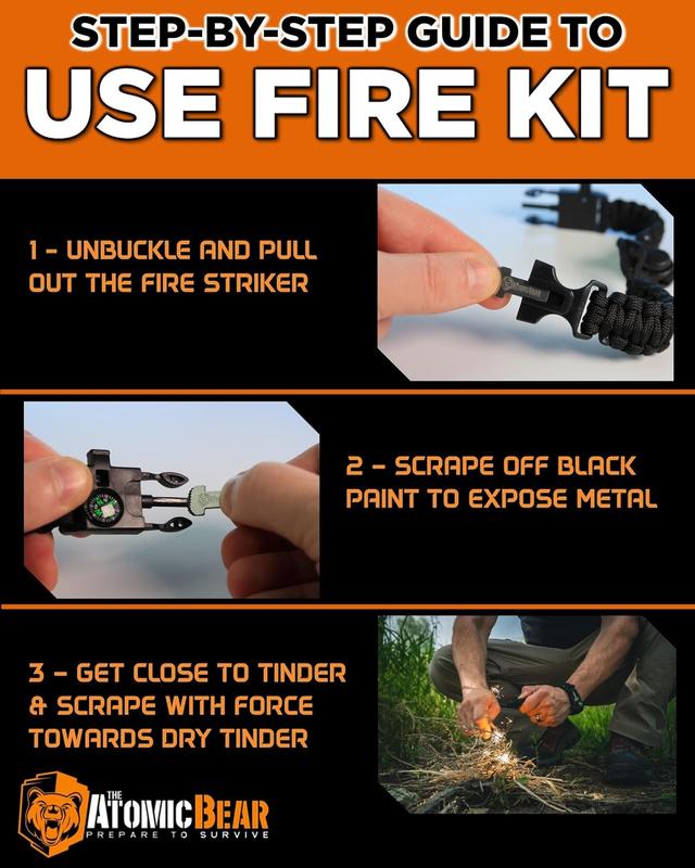 Survival Bracelet 5 in 1 (2 Pack), Practical Five Functions, Fire Starter, Loud Whistle, Reliable Compass, Rope Cutter, Reliable Paracord, Black & Camo & Orange+Black