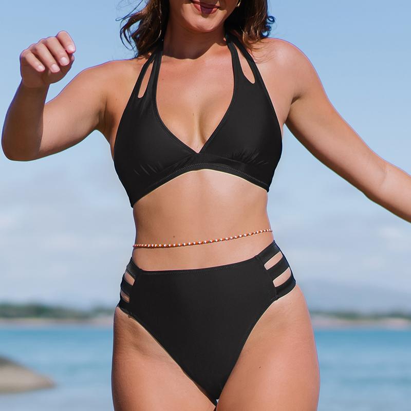 Popvil Black Monochrome Cut Out High Waisted Halter Bikini Set with Removable Paddings