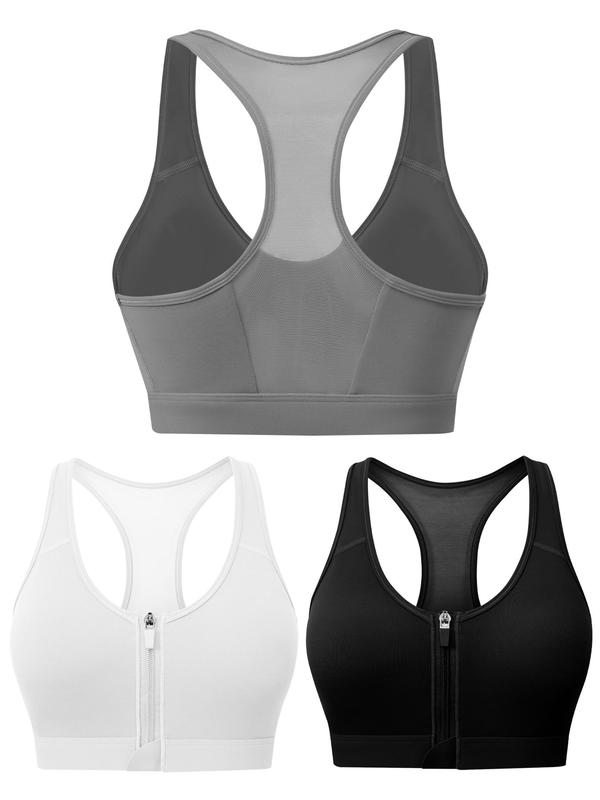 Women's Solid Zip Front Sports Bra, Removable Chest Pads Racerback Wireless Sports Bra, High Stretch Yoga Bra, Ladies Sportswear for Indoor Outdoor Wear