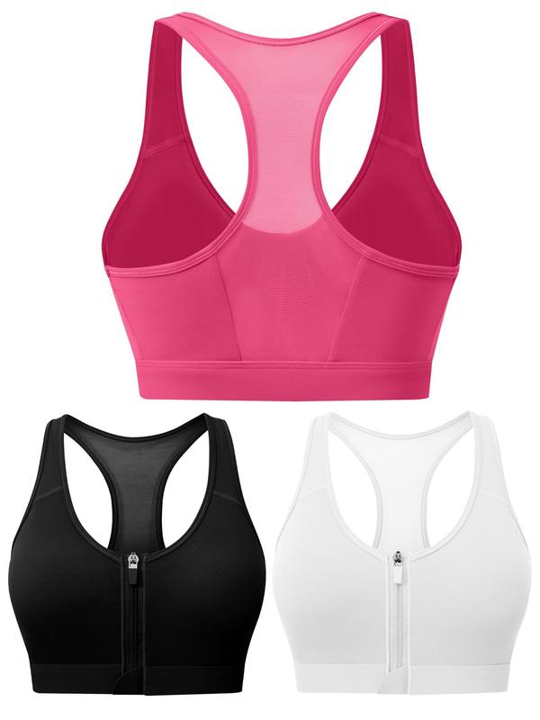 Women's Solid Zip Front Sports Bra, Removable Chest Pads Racerback Wireless Sports Bra, High Stretch Yoga Bra, Ladies Sportswear for Indoor Outdoor Wear