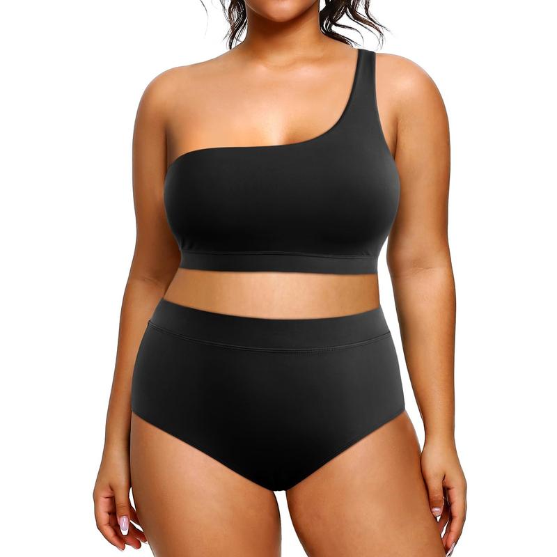 Tempt Me Women Plus Size High Waisted Bikini Two Piece One Shoulder Swimsuit Plus Size Full Coverage Bathing Suit