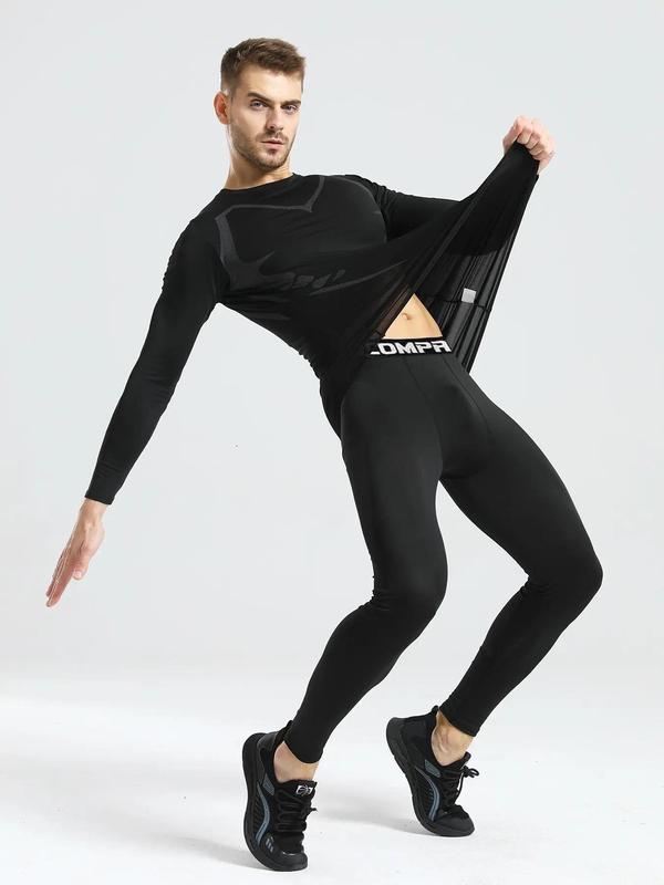 Sporty Men's All Over Print Long Sleeve Compression Tee & Letter Tape Leggings Thermal Lined Underwear Set, Tight High Stretch Round Neck Sports Top & Skinny Pants, Men's Sports Underwear for Daily Wear