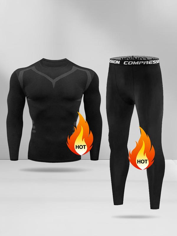 Sporty Men's All Over Print Long Sleeve Compression Tee & Letter Tape Leggings Thermal Lined Underwear Set, Tight High Stretch Round Neck Sports Top & Skinny Pants, Men's Sports Underwear for Daily Wear