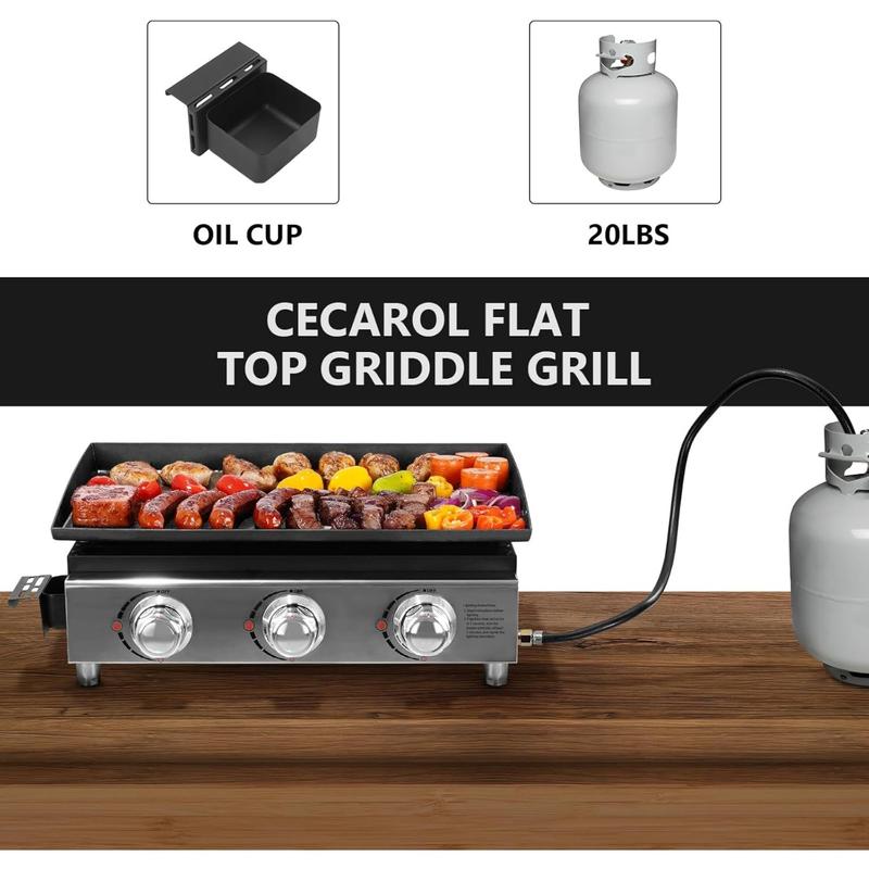 23in 3-Burner Propane Gas Griddle, 355 sq in, 25,500 BTU - For Outdoor, RV, Tailgating (Black)